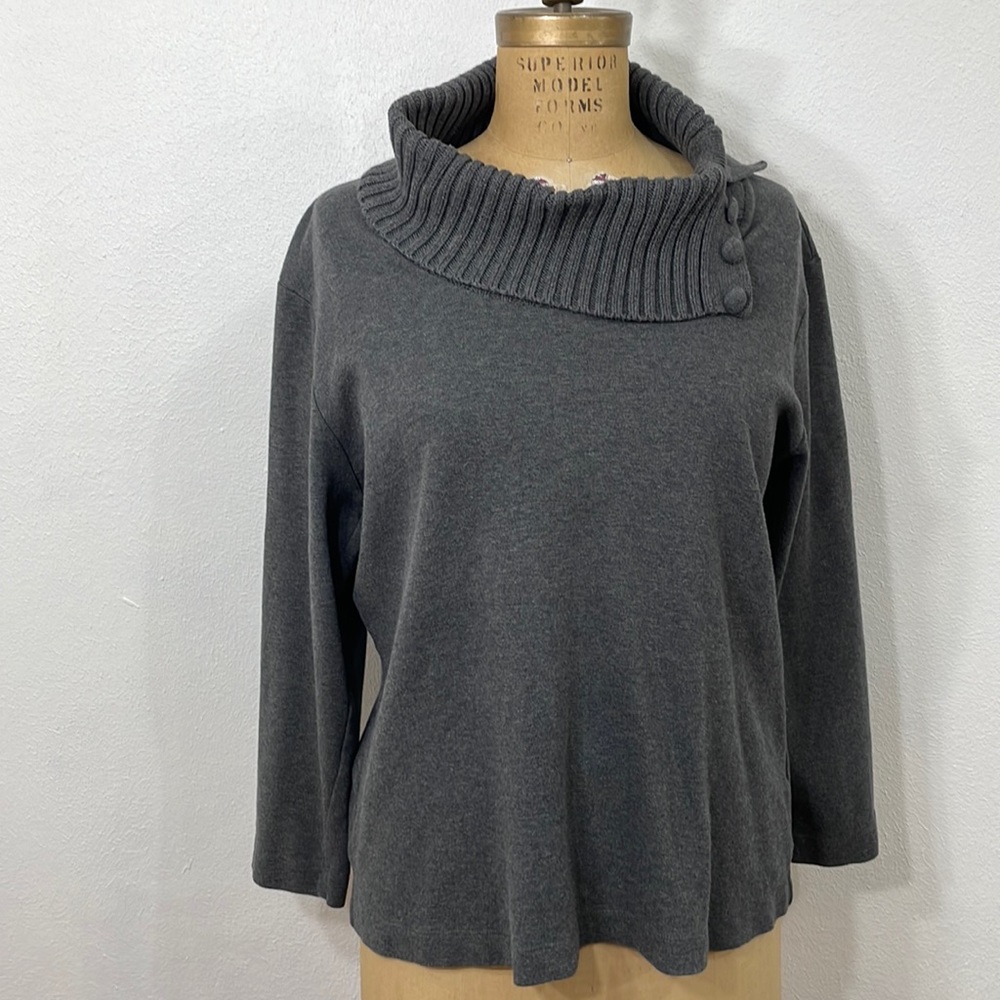 Via Appia Due charcoal gray cotton knit long sleeve top with knitted cowl neck